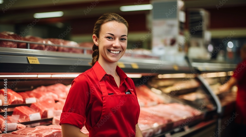 Master of Meats: Smiling Woman Butcher at the Counter. Generative ai