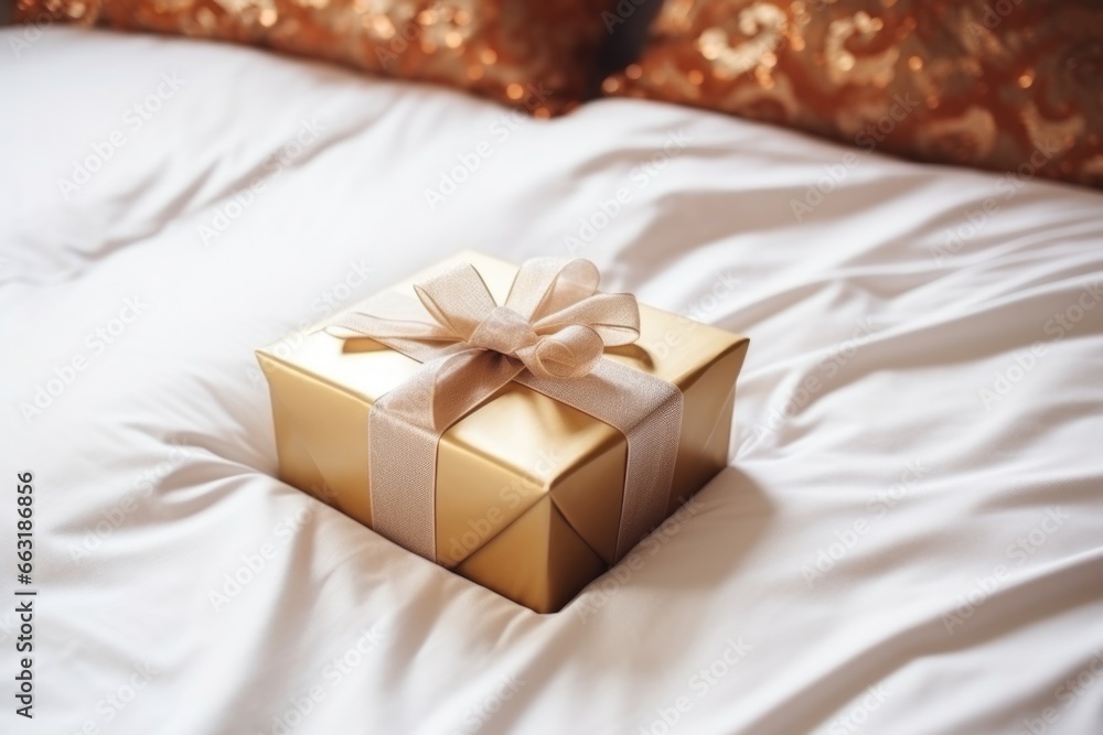 unopened gift box on a bed unopened gift box on a bed