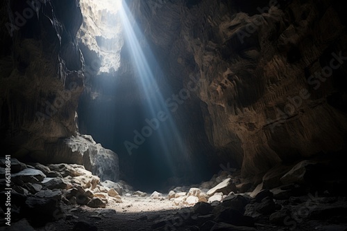 sunbeam illuminating a dark caves interior
