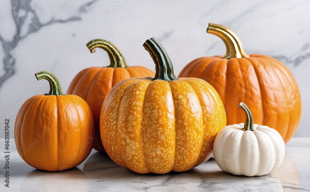 A group of several pumpkins on a white marble background. Generative AI. A group of several pumpkins on a white marble background. Generative AI.