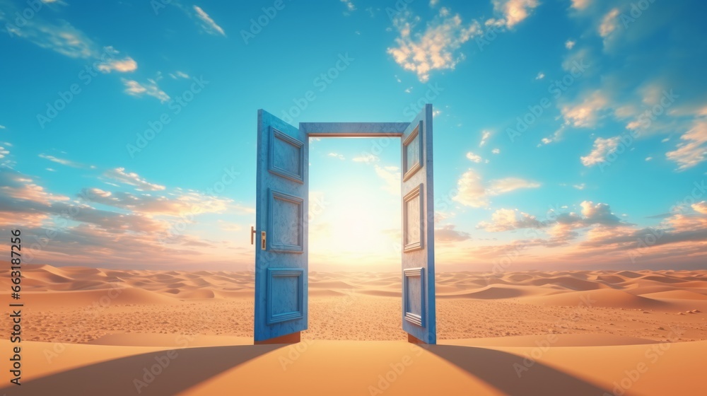 Photo of an open door revealing a breathtaking desert landscape Photo of an open door revealing a breathtaking desert landscape