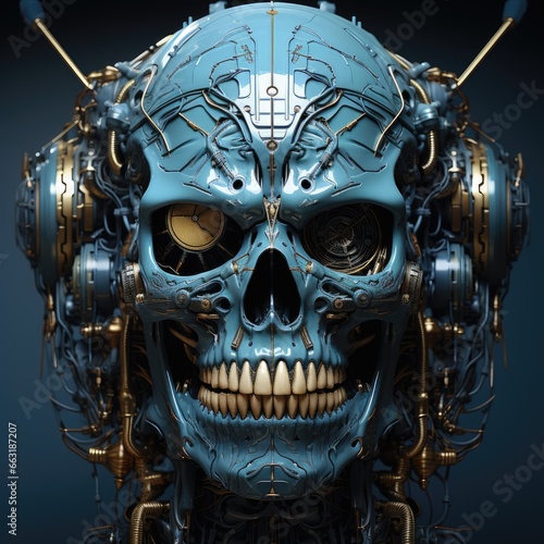 a digital illustration of a skull image with a robotic texture, AI Generative