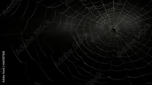 Photo of a spider web illuminated by a beam of light in the darkness © mattegg