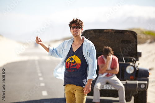 Men, car or thumbs up for breakdown outdoor with crisis, engine problem or frustrated for help in desert. People, roadtrip or stress for assistance on adventure, journey or travel in nature or street
