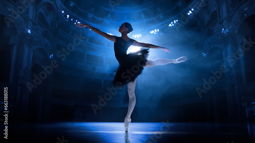 Graceful, beautiful talented young woman, professional ballet dancer in motion, performing on theater stage with spotlights. Concept of classical dance, art and grace, beauty, choreography © master1305
