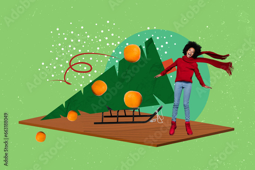Artwork collage picture of excited funky girl sledge new year tree orange tangerine fruits snow isolated on green background