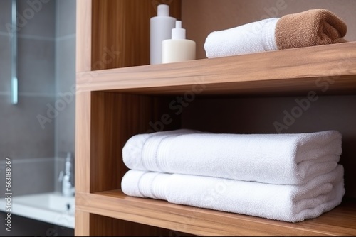 stack of clean towels on a wooden bathroom shelf