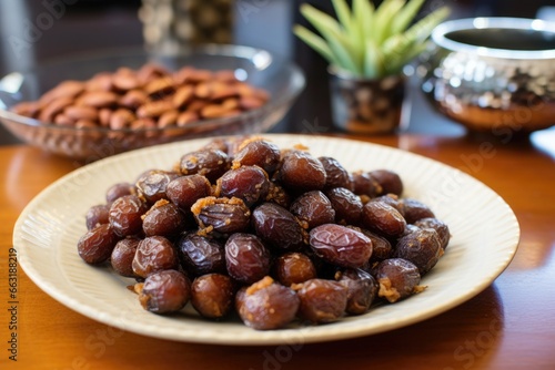 few dates piled on a plate in the middle of the room