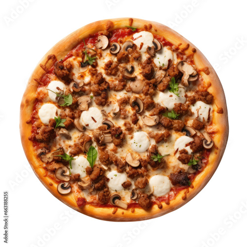 Delicious Sausage Pizza with Mozzarella and Mushrooms on Transparent Background - Generative AI