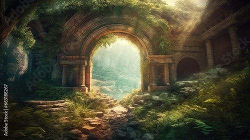 A photography capture of a fantasy landscape with a portal archway  AI Generative