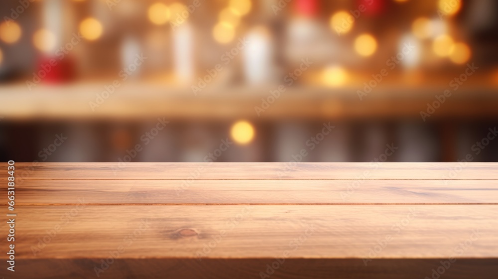 Photo of a wooden table with bokeh lights in the background Photo of a wooden table with bokeh lights in the background