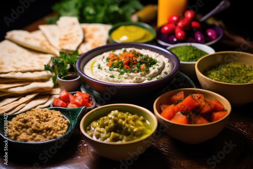 a spread of traditional middle-eastern mezze photo