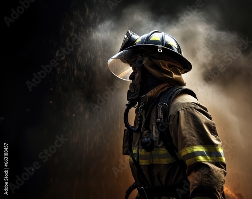 Brave Firefighter Battling the Flames in Dark Background, Fire Fighter Stock Photo