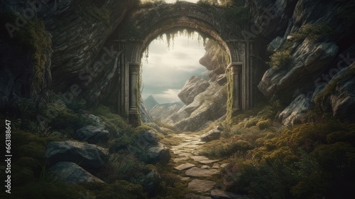 A photography capture of a fantasy landscape with a portal archway, AI Generative