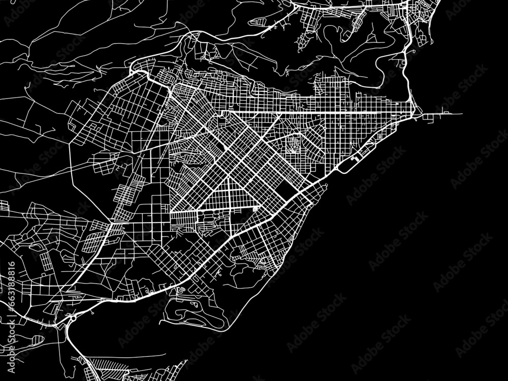 Vector road map of the city of  Comodoro Rivadavia in Argentina with white roads on a black background.