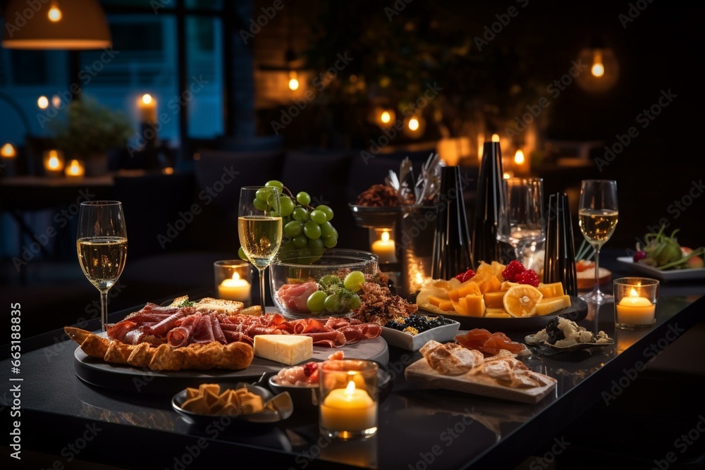 Sophisticated and refined restaurant table. Varied tapas and appetizers, assorted canapés on the bar table. Dim lighting and romantic atmosphere. Generative AI