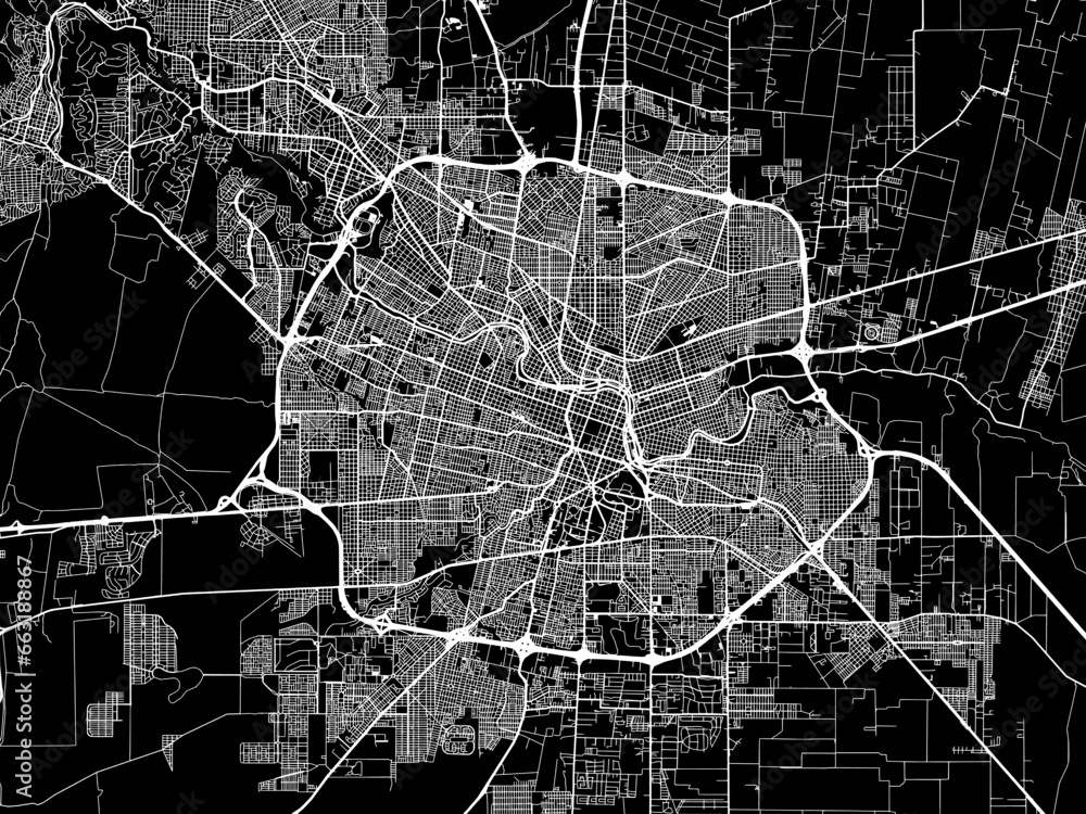 Vector road map of the city of  Cordoba in Argentina with white roads on a black background.