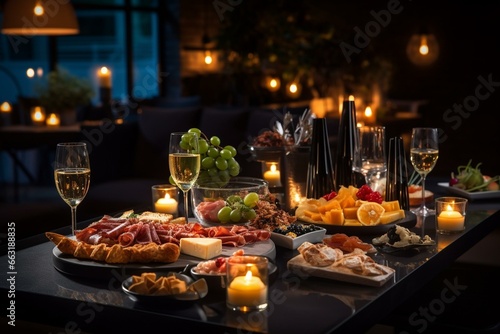 Sophisticated and refined restaurant table. Varied tapas and appetizers, assorted canapés on the bar table. Dim lighting and romantic atmosphere. Generative AI