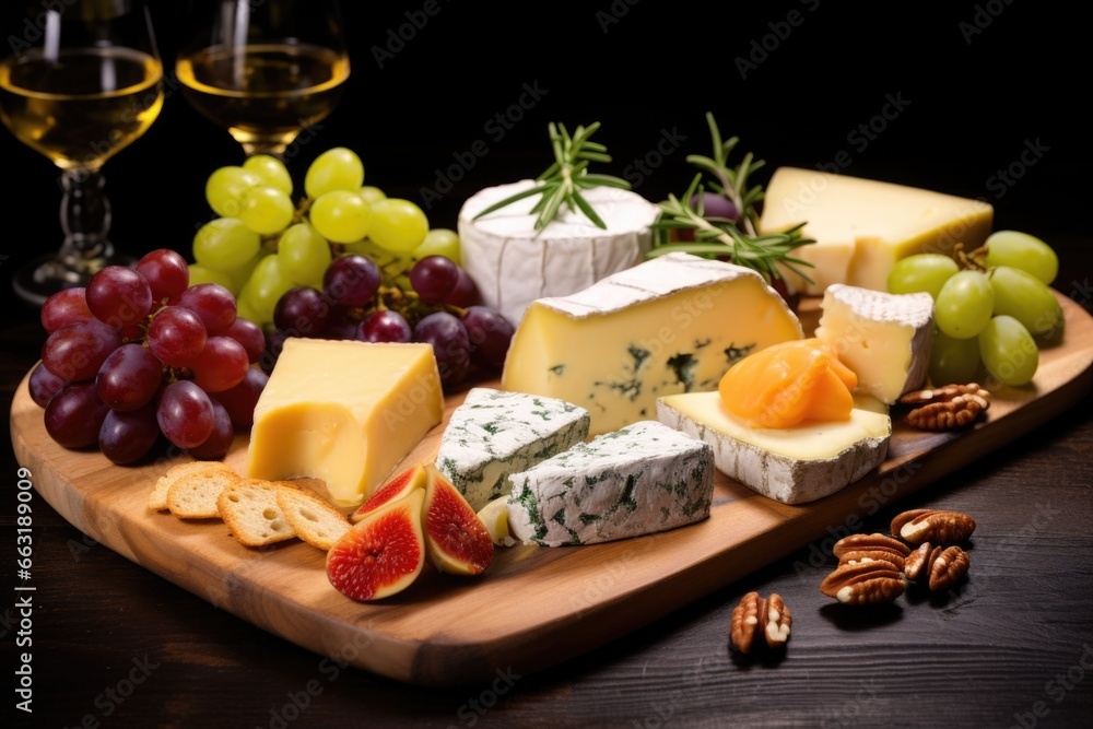 various types of cheese on a wooden cheese board