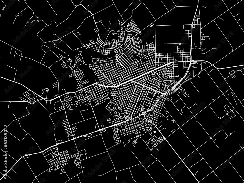 Vector road map of the city of  Obera in Argentina with white roads on a black background.