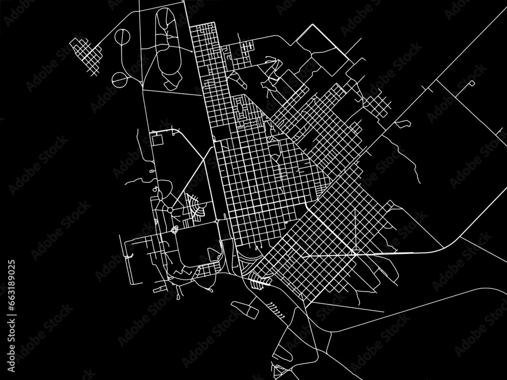 Vector road map of the city of  Punta Alta in Argentina with white roads on a black background.