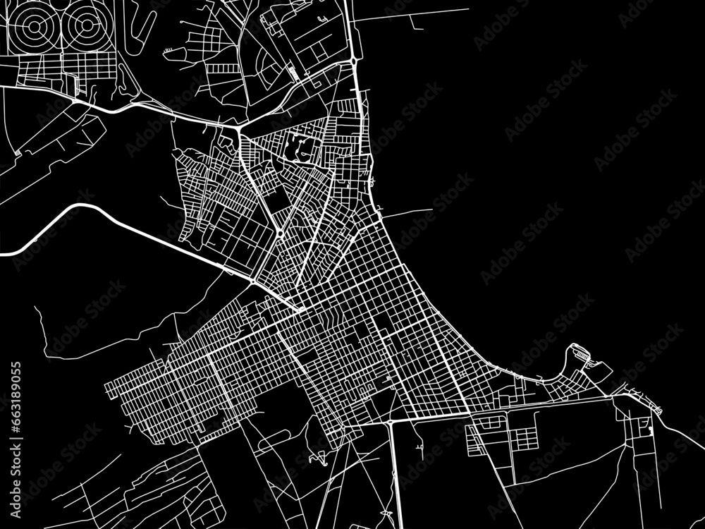 Vector road map of the city of  Puerto Madryn in Argentina with white roads on a black background.