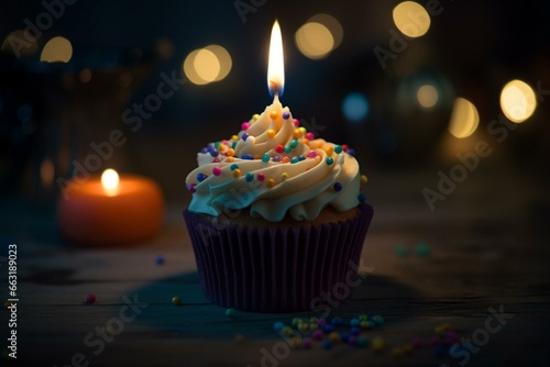 Candlelit birthday cupcake on a light table. Generative AI