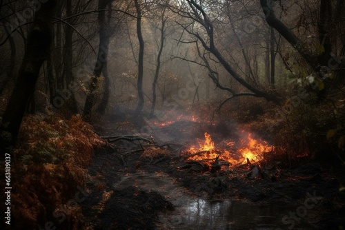 A gloomy and wet woodland, with waterlogged trees, showcasing a squirrel grasping a fiery flame overhead. Generative AI