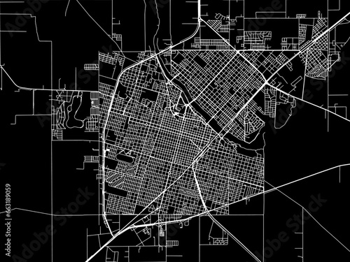 Vector road map of the city of  Rio Cuarto in Argentina with white roads on a black background.