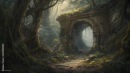 A illustration of a fantasy landscape with a portal archway  AI Generative