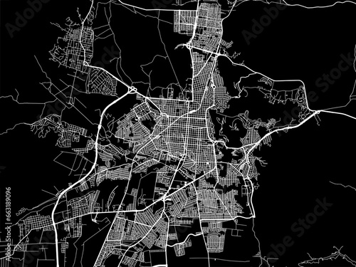 Vector road map of the city of  Salta in Argentina with white roads on a black background.
