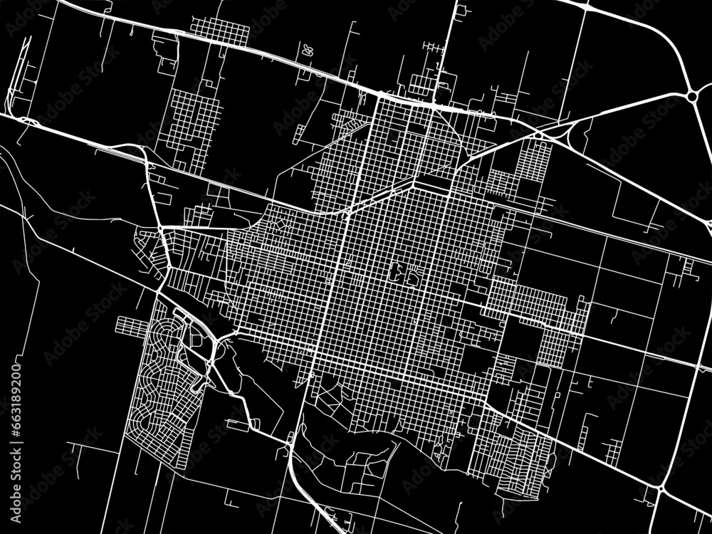 Vector road map of the city of  Villa Mercedes in Argentina with white roads on a black background.