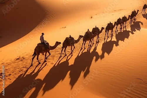 People on camels move through the desert. Beautiful desert landscape, top view