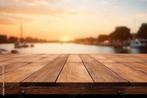 Wooden table for product display with slightly blurred background. Decor of a marina by the sea under the sun. Generative AI