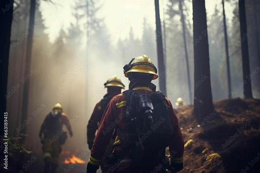 Establishing Shot: Team of Firefighters in Safety Uniform and Helmets Extinguishing a Wildland Fire, Moving Along a Smoked Out Forest to Battle Dangerous Ecological Emergency, Cinematic