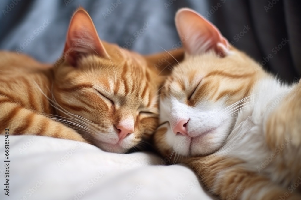 two domestic cats sleeping while entwined together