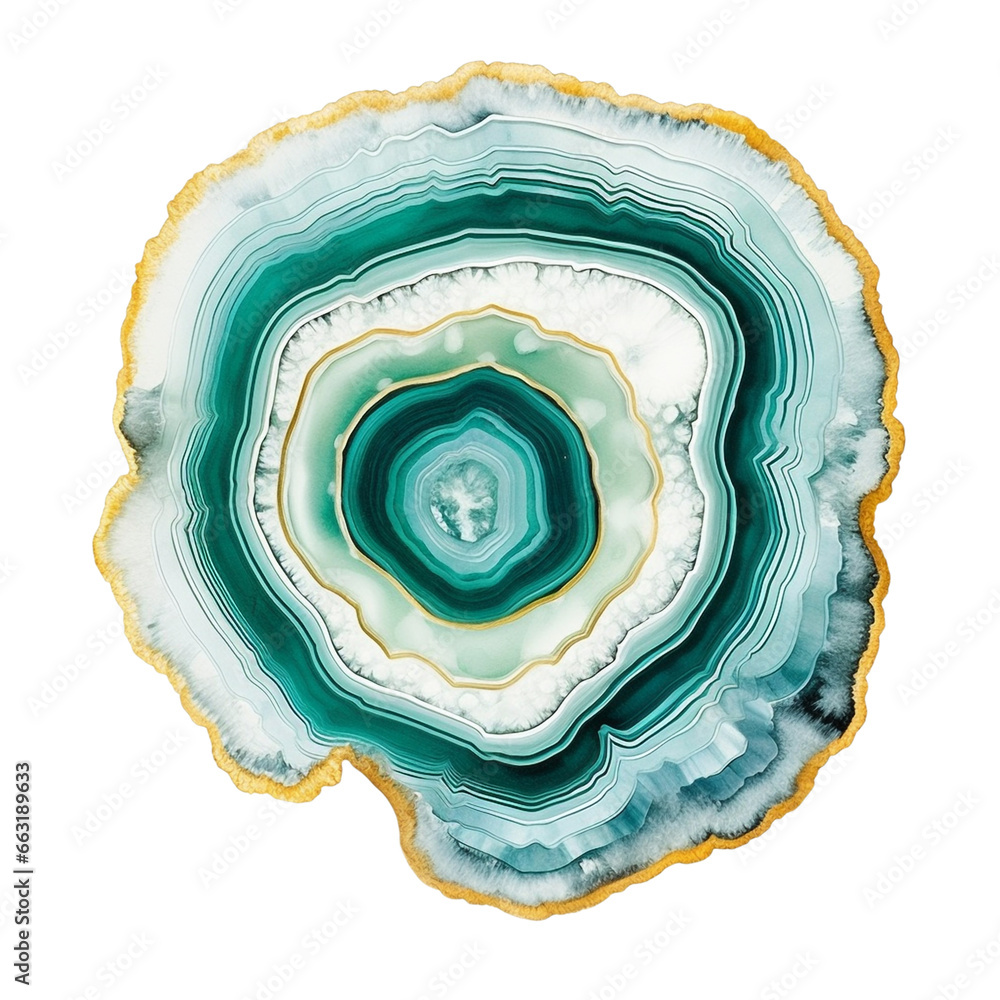 Emerald Green Agate Geode slice with golden edges, gemstone watercolor illustration isolated on transparent background PNG, crystal mineral - obrazy, fototapety, plakaty 