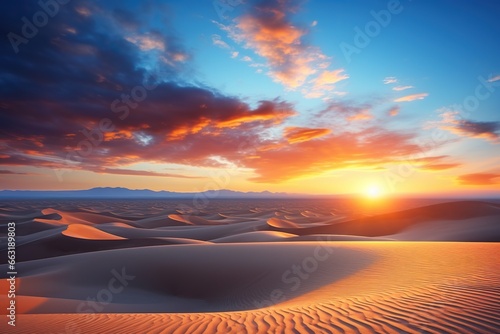 Sunset, dawn over sand dunes in the desert. Beautiful view of the desert.