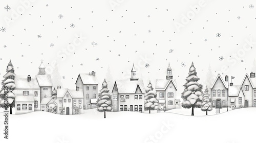 Winter city before Christmas, black and white watercolor card. Generative AI
