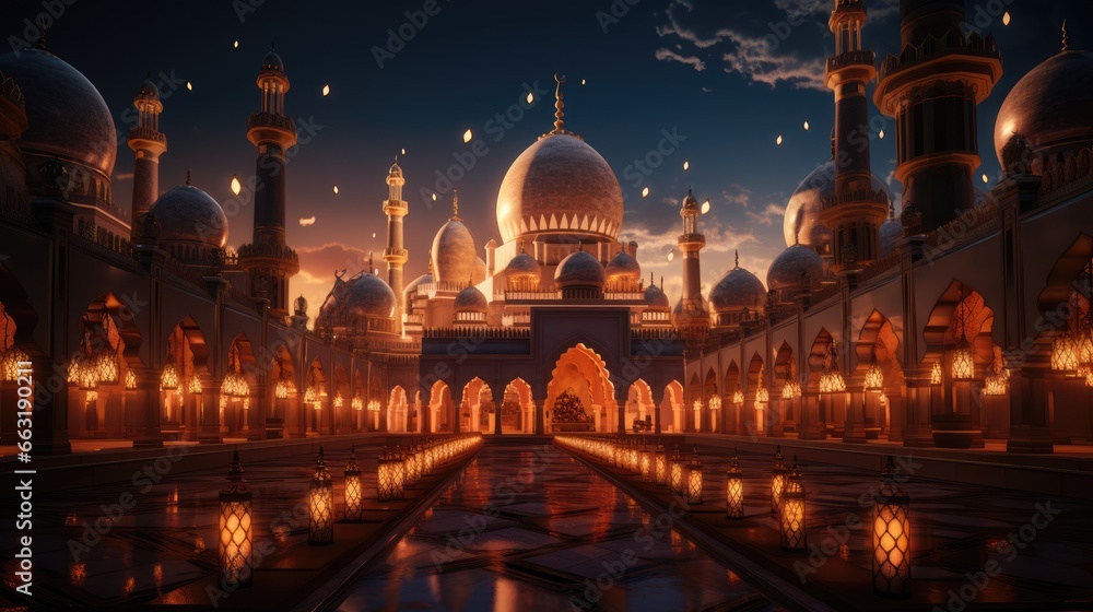 a picture of a mosque adorned with lanterns, AI Generative