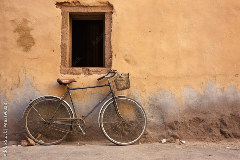 one bicycle parked against a rustic wall