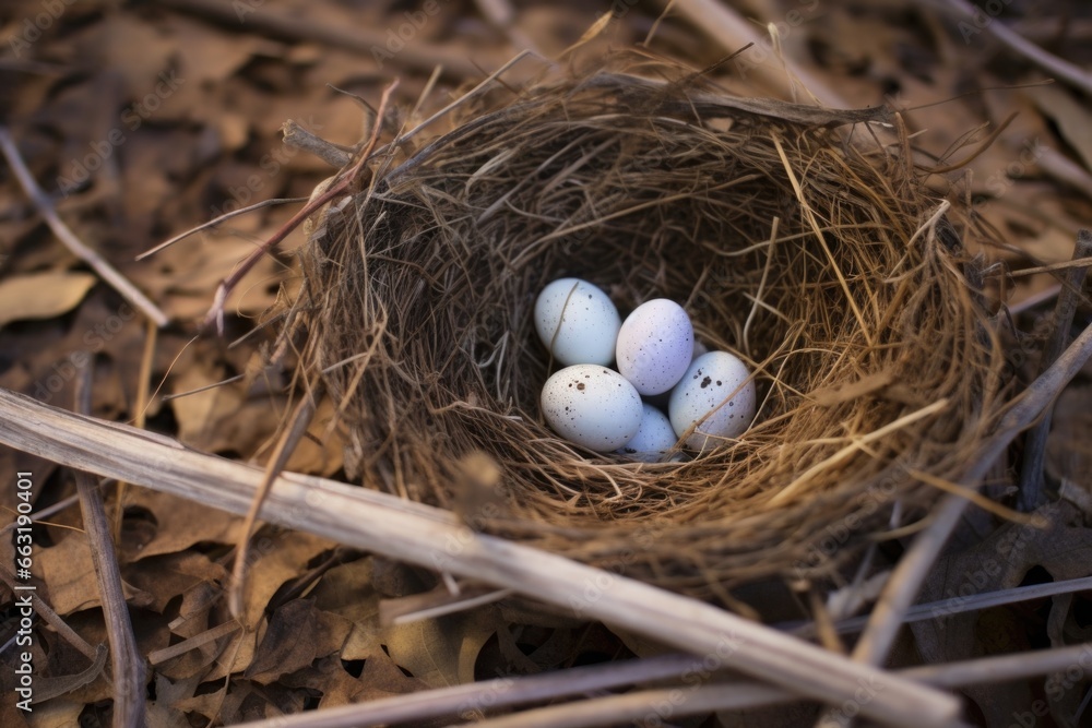 a fallen bird nest with scattered eggshells a fallen bird nest with scattered eggshells