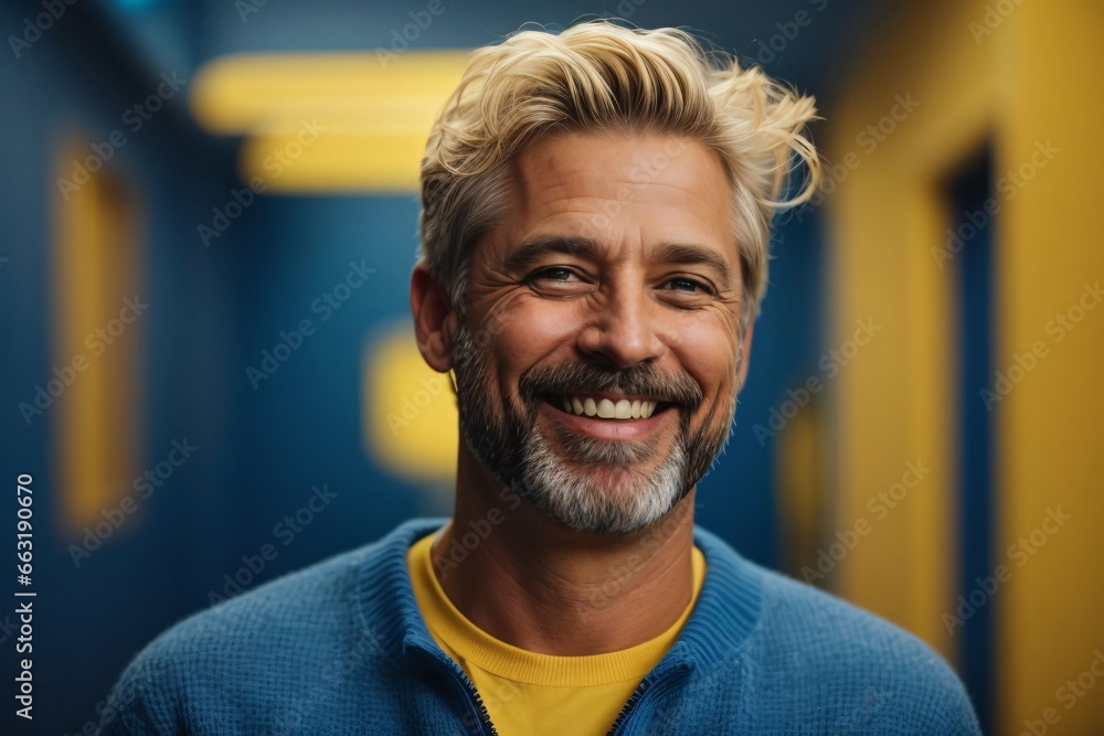 handsome bearded mid age man, blonde short hair, smiling and laughing, wearing blue sweater. Bright monochrome solid yellow/blue background. Generative Ai. - obrazy, fototapety, plakaty 