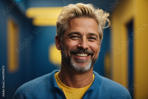handsome bearded mid age man, blonde short hair, smiling and laughing, wearing blue sweater. Bright monochrome solid yellow/blue background. Generative Ai. photo