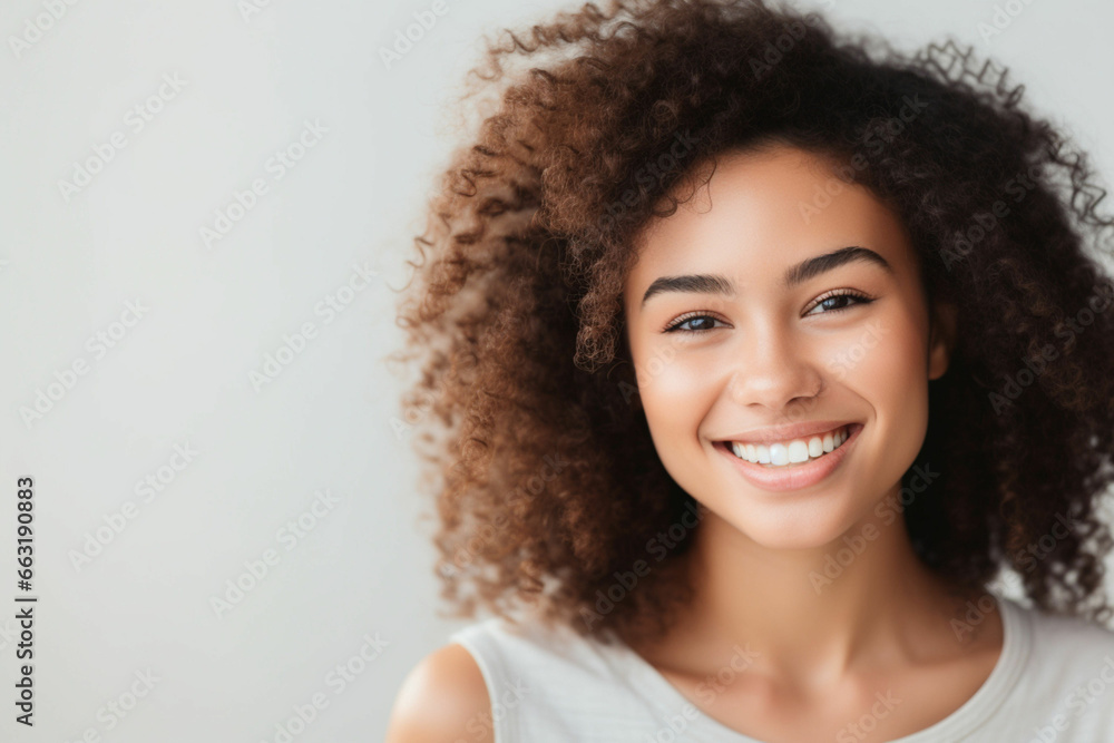 Face of beautiful mixed race woman smiling with white teeth, Portrait of a woman's face with brown eyes and freckles posing with copy-space, Dental health and oral hygien Face of beautiful mixed race woman smiling with white teeth, Portrait of a woman's face with brown eyes and freckles posing with copy-space, Dental health and oral hygien