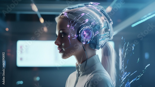 A woman using a neural interface device for computing  highlighting advancements in biotechnology and the onset of the singularity  future of brain-computer interaction