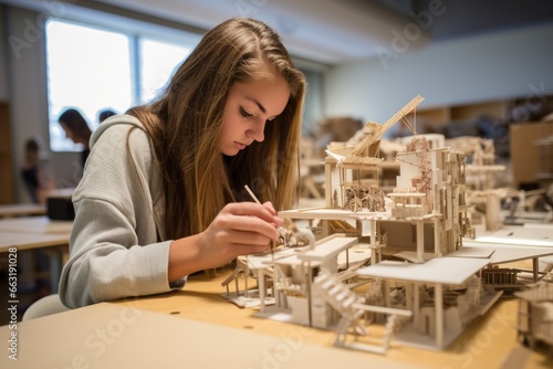 Architecture student woman work on models of the modern house. Building and construction concept.