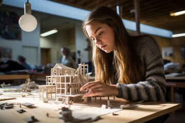 Architecture student woman work on models of the modern house. Building and construction concept.