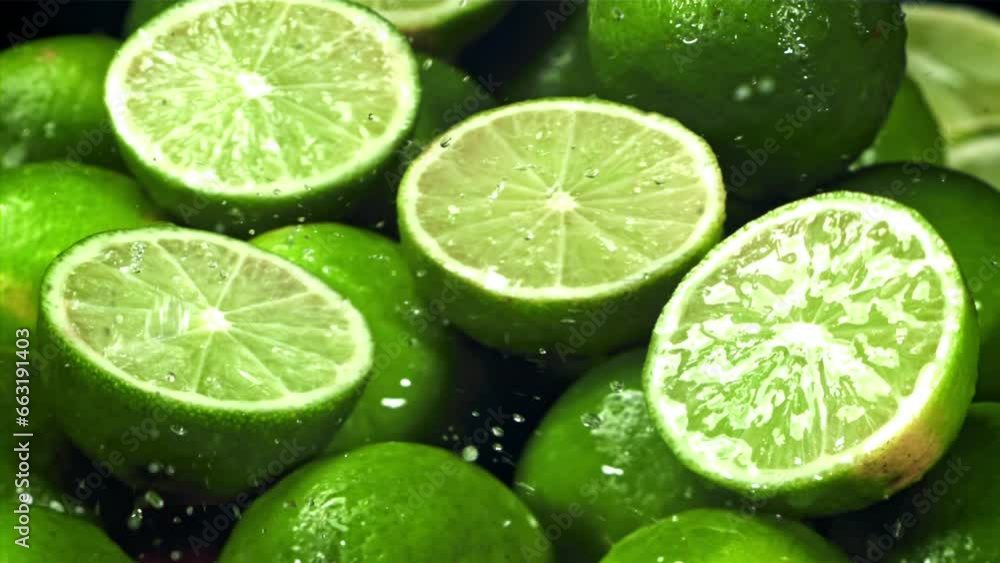 Drops of water fall on a cut lime. Filmed on a high-speed camera at 1000 fps. High quality FullHD footage Drops of water fall on a cut lime. Filmed on a high-speed camera at 1000 fps. High quality FullHD footage
