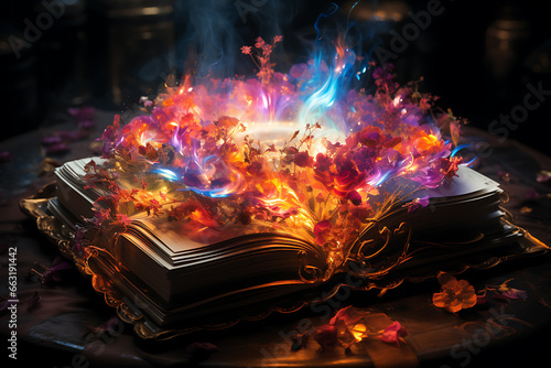 magic knowledge book with star dust. open book colorful